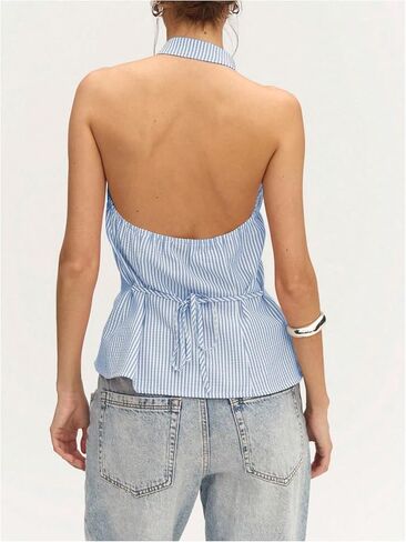 Milumia Women's Striped Tie Front Halter Top Sleeveless Open Back Wrap Asymmetrical Hem Tank Tops in Saudi Arabia