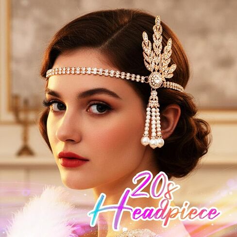 GORTIN 1920's Flapper Headband Leaf Rhiestones Headpiece Bride Wedding Headdress Bridal Flapper Hair Accessories Head Chain for Women(Gold) in Kuwait