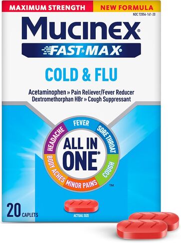 Mucinex Nightshift Cold & Flu, Maximum Strength Powerful Multi-symptom Nighttime Relief, 20 Fast Release Caplets - Pain Reliever/Fever Reducer, Cough Suppressant, Antihistamine in Kuwait
