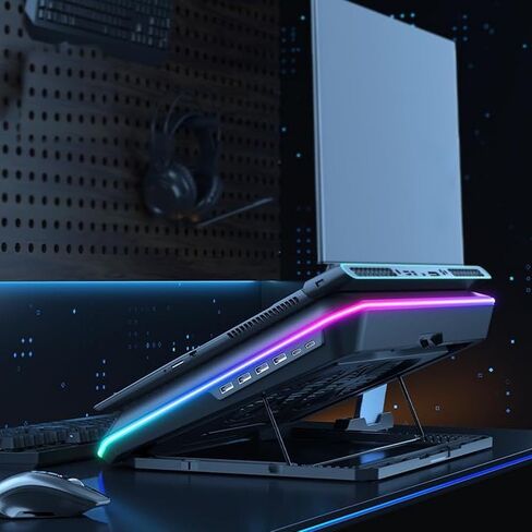 وسادة تبريد للكمبيوتر المحمول Yunir RGB، مبرد كمبيوتر محمول لأجهزة الكمبيوتر المحمول مقاس 15.6-19 بوصة، وسادة تبريد لمروحة الكمبيوتر المحمول للألعاب مع 6 ارتفاعات قابلة للتعديل ومروحتين توربينيتين قويتين، 4 منافذ USB، 10 أوضاع إضاءة in Kuwait