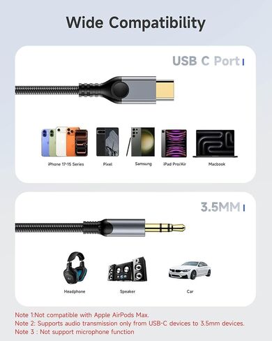 كابل USB C إلى 3.5 ملم صوت Aux جاك [4 قدم] متوافق مع iPhone 17/16/15، Samsung S25/S24/S23، iPad Pro، Pixel، MacBook، سلك من النوع C إلى 3.5 ملم للسيارة وسماعات الرأس ومكبرات الصوت - رمادي in Kuwait