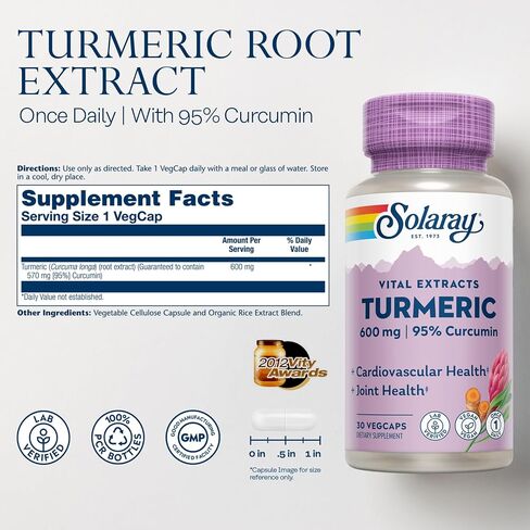 SOLARAY Turmeric Root Extract 600mg | One Daily | Healthy Joints, Cardiovascular System Support | Guaranteed Potency | 60 VegCaps in Saudi Arabia