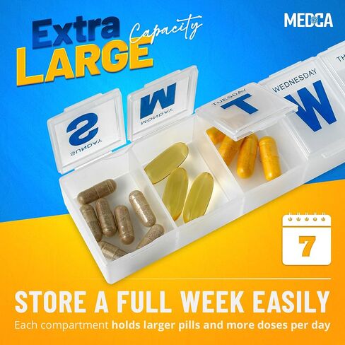 Weekly Pill Organizer - Extra Large with Easy to Read Jumbo Letters Vitamin Container, BPA Free - Daily Travel 7 Day Medication Pill Box Case, (Black) in Kuwait