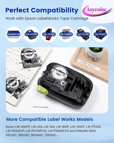 استبدال Anycolor LK-4WBN لشريط صانع الملصقات Epson LC-4WBN SS12KW 12 مم 0.47 بوصة لإعادة تعبئة شريط الملصقات المستخدم لـ Epson LabelWorks LW300 LW400 LW600P LW700، أسود على أبيض، 1/2 بوصة × 26 بوصة، 8 عبوات in Saudi Arabia