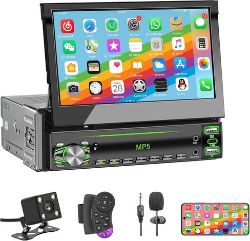 راديو بشاشة لمس DIN واحدة، ستيريو سيارة قابل للطي مع بلوتوث، راديو DIN فردي قابل للطي يدعم MirrorLink، راديو FM، EQ، 1080P، USB، كاميرا احتياطية Aux-in HD وSWC لترقية صوت السيارة in Kuwait