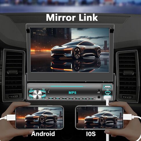 راديو بشاشة لمس DIN واحدة، ستيريو سيارة قابل للطي مع بلوتوث، راديو DIN فردي قابل للطي يدعم MirrorLink، راديو FM، EQ، 1080P، USB، كاميرا احتياطية Aux-in HD وSWC لترقية صوت السيارة in Kuwait
