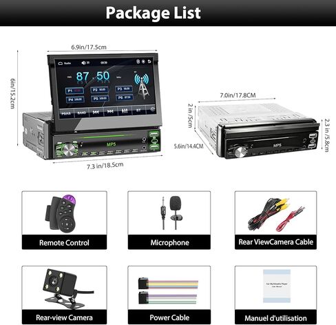 راديو بشاشة لمس DIN واحدة، ستيريو سيارة قابل للطي مع بلوتوث، راديو DIN فردي قابل للطي يدعم MirrorLink، راديو FM، EQ، 1080P، USB، كاميرا احتياطية Aux-in HD وSWC لترقية صوت السيارة in Kuwait