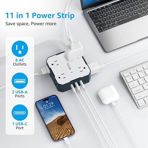 Surge Protector Power Strip, 5 Ft Flat Plug Extension Cord with 3 USB Charger(1 USB C Port) and 8AC Outlets, Wall Mountable Multi Plug Outlet Extender for Home Office in Saudi Arabia