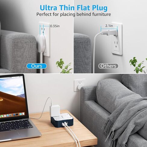 Surge Protector Power Strip, 5 Ft Flat Plug Extension Cord with 3 USB Charger(1 USB C Port) and 8AC Outlets, Wall Mountable Multi Plug Outlet Extender for Home Office in Saudi Arabia
