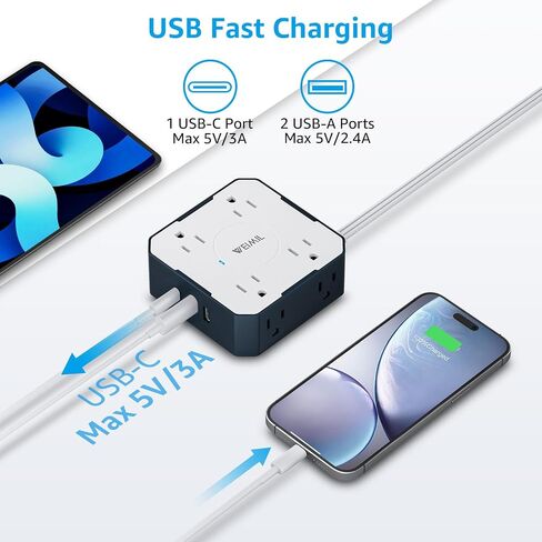 Surge Protector Power Strip, 5 Ft Flat Plug Extension Cord with 3 USB Charger(1 USB C Port) and 8AC Outlets, Wall Mountable Multi Plug Outlet Extender for Home Office in Saudi Arabia