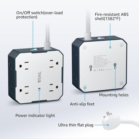 Surge Protector Power Strip, 5 Ft Flat Plug Extension Cord with 3 USB Charger(1 USB C Port) and 8AC Outlets, Wall Mountable Multi Plug Outlet Extender for Home Office in Saudi Arabia