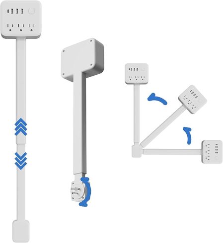 عصا موسع مخرج كهربائي، مقبس قابل للتمديد يتميز بـ 3 منافذ USB-A، و1 USB-C و3 منافذ تيار متردد، وموسع مخرج كهربائي، يدور 180 درجة، ويمتد من 17.5 بوصة إلى 25.6 بوصة، ويستخدم خلف الأرائك وطاولات النوم والمكاتب والمزيد in Kuwait