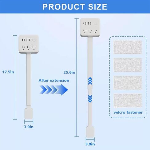 عصا موسع مخرج كهربائي، مقبس قابل للتمديد يتميز بـ 3 منافذ USB-A، و1 USB-C و3 منافذ تيار متردد، وموسع مخرج كهربائي، يدور 180 درجة، ويمتد من 17.5 بوصة إلى 25.6 بوصة، ويستخدم خلف الأرائك وطاولات النوم والمكاتب والمزيد in Kuwait
