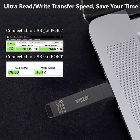 Azzura 1000 ميجابايت/ثانية USB 3.2، محرك أقراص فلاش 512 جيجابايت، SSD محمول، USBSSD، واجهة مزدوجة، تصميم دوار، علبة ألومنيوم، موصل USB-C و-A in Saudi Arabia