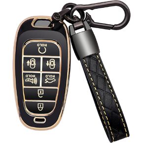 for Hyundai Key Fob Cover 7 Button with Leather Keychain Soft TPU 360 Degree Protection Car Key Case Shell Holder Fits for 2023 2022 2021 2020 Hyundai Sonata Santa fe Tucson, Red
