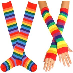 Rainbow Socks Women Knee High Socks Girls Striped Long Colorful Arm Leg Warmer Fingerless Gloves Set Party Accessories