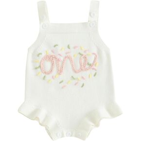 Bonangber Baby Girl Half 1st Birthday Outfit Sleeveless Knit Sweater Onesie Embroidery Romper Infant Cake Smash Outfit