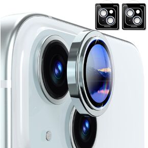 Matekxy 2 Pack Camera Lens Protector for iPhone15/15 Plus/14/14Plus, [Metal Individual Ring Cover] [9H Scratch-Resistant Tempered Glass with Aluminum Edging] [Stronger Adsorption] - Black Titanium