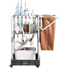 Janitorial cart Housekeeping cart Cleaning Cart on Wheels Housekeeping Caddy with Shelves Broom mop Holder