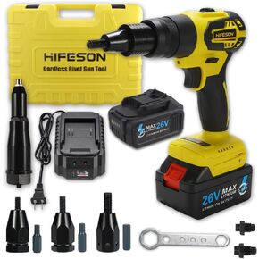 HIFESON Cordless Rivet Gun Tool, 26V Electric Automatic Rivet & Rivet nut Two Functions Professional Kit with 2pcs Battery & Charger (3/16", 5/32", 1/8" for Rivet),(1/4",5/16",3/8" for Rivet nut)