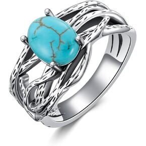 DOLIOX Women's Real Turquoise Highway Rings 925 Sterling Silver Genuine Stone Native American Ring with Wide Band Jewelry Gift for Mom Wife