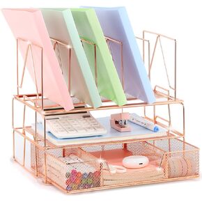 Housmile Rose Gold Desk Organizer, Office Supplies for Desk, 3-Tier File Organizer with Sliding Drawer, Paper Letter Tray, File Sorters and Anti-slip Silicone, Rust-proof, Stable and Strong