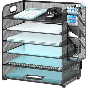 SUPEASY 6 Tier Paper Organizer with 4 Pen Holders, Mesh Desk Organizer Letter Tray with Handle, Paper Tray Organizer File Organizer for A4 File Folder, Black