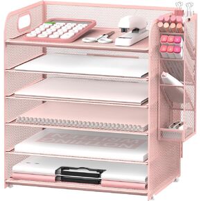 SUPEASY 6 Tier Paper Organizer with 4 Pen Holders, Mesh Desk Organizer Letter Tray with Handle, Paper Tray Organizer File Organizer for A4 File Folder, Black