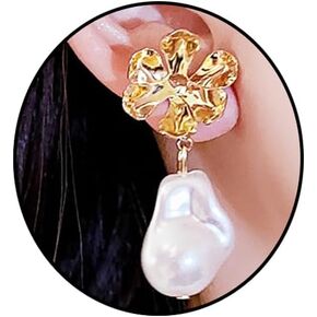 Pearl Flower Earrings for Women Gold Large Flower Earrings Baroque Pearl Dangle Drop Earrings Party Prom Earrings for Women Girls