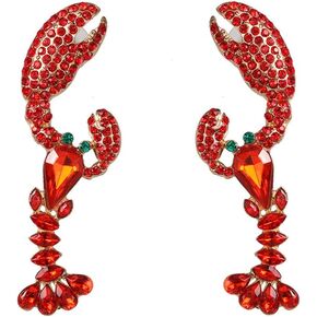 Red Rhinestone Crayfish Dangle Earrings for Women Girls Lobster Crystal Drop Dangling Studs Earing Cartilage Tragus Piercing Post Pin Lightweight Cute Birthday Halloween Christmas Theme Party Jewelry Gifts