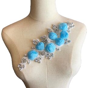 Heyiwell 1PC Handmade 3D Crystal Rhinestone Flowers Embroidery Applique Sew On Patch for Wedding Clothing Dress Decoration 11"x4.3"Inch,Chiffon Blue