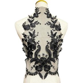MMvolesy 1pc Black Lace Flower Sew on Embroidered Lace Applique Wedding Dress Bride's Gown Headdress Adornment DIY Patch Clothing Accessories, 12.5 x 17 Inches