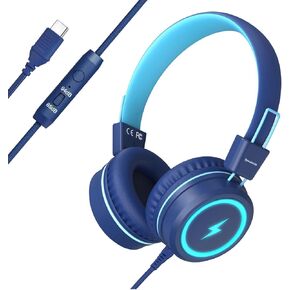 Bywulanda Kids Headphones with LED Lights for School, Upgrade USB Type C Kid Headphone with Microphone, Volume Limiter 85/94dB, Wired On Ear Headphones for Boys/Girls/Tablet/Travel -Blue