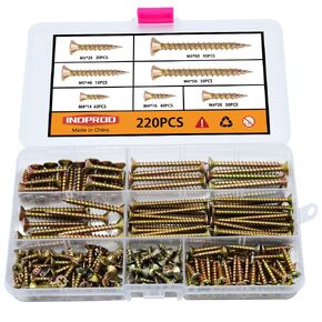 Indprod M4 Flat Head Wood Screws Assortment Kit 340 Pcs,Phillips Drive Countersunk Flat Head Self-Tapping Wood Screws,Yellow Zinc Plated Finish Screw Kit,Self Tapping Screws for Metal,Full Thread