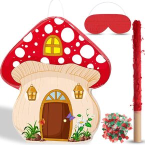 Mushroom Pinata with Stick and Blindfold 3D Mushroom Shaped Pinata for Kids Birthday Party Mushroom Hanging Decoration Pinata for Forest Jungle Woodland Baby Shower Party Supplies