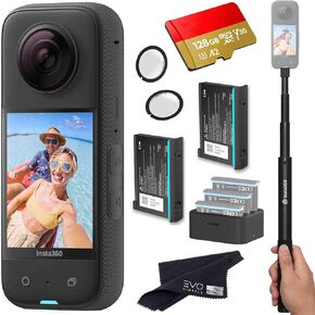insta360 X3 - Waterproof 360 Action Camera Bundle Includes Extra 2 Batteries, Charger, Invisible Selfie Stick, Lens Guard & 128GB Memory Card Black
