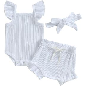 FOCUSNORM Toddler Baby Girl Summer Outfits Ribbed Ruffler Romper Frill Trim Shorts Sets Headband Cute Newborn Infant Clothes