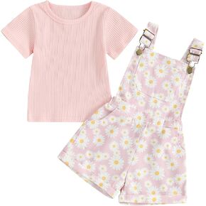 Toddler Baby Girls Summer Outfits T-Shirt Overalls Shorts Set | Short Sleeve Ribbed Shirt, Flower/Apple/Strawberry/Camo/Star/Bee Suspender Overalls, Kid 2Pcs Clothing, Spring Clothes 12M-5Y in Kuwait