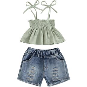 fhutpw Baby Toddler 12 18 24 Months 2T 3T 4T Girl Clothes Summer Ruffle Sleeveless Tops & Ripped Denim Shorts Set Kid Outfits