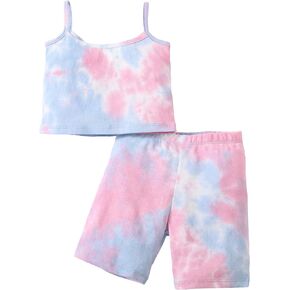 Toddler Girls Summer Outfits Tie Dye Outfit 2 Piece Bodysuit and Shorts Set Little Kids Spaghetti Clothes Set 2-6Y