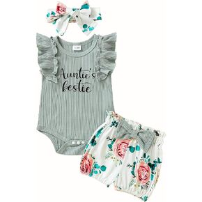 Auntie Baby Clothes Girl Newborn Baby Girl Outfits Short Sets, Sleeve Ribbed Romper Floral Shorts Clothes