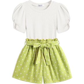 Arshiner Toddler Girls Summer Outfits 2 Piece Set Knit Twist Puff Sleeve Top and High Waist Paper Bag Short with Pockets