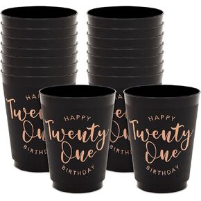 Black and Gold 21st Birthday Party Cups, Reusable Plastic Tumblers (16 oz, 16 Pack)