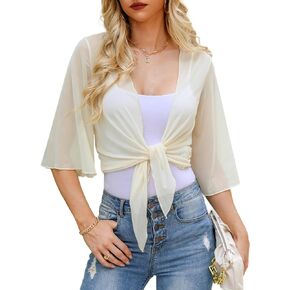 Totatuit Womens Sheer Shrug Tie Front Bell Sleeve Summer Cropped Bolero Cardigan