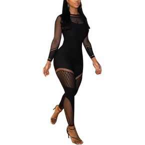 VOIKERDR Black Jumpsuit for Women Sexy Bodycon Mesh Hollow One Piece Jumpsuit See Through Romper Trendy