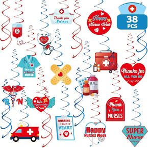 Nurses Week Decorations, 38PCS Nurses Hanging Swirls Decorations 2024, Blue Red Swirls School RN Nurse Graduation Decor, Happy Nurses Week Appreciation Swirls for Nursing Graduation Party Supplies