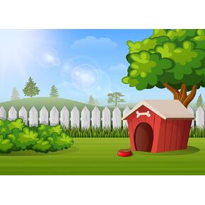 CORFOTO Fabric 7x5ft Outdoor Red Doghouse Backdrop Cartoon Farm Fence Dog House Background Green Grass Kennel Backdrop for Dog Pets Photography Pet Photo Booth Props Dogs Birthday Banner