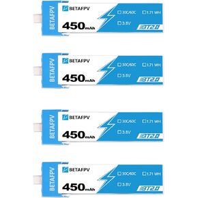 BETAFPV 4pcs BT2.0 450mAh 1S Battery 3.8V 30C Lipo Battery with BT2.0 Connector Compatible for 1S FPV Tiny Whoop Drone Quadcopter Like Meteor75, Cetus Pro FPV Kit, Cetus X FPV Kit