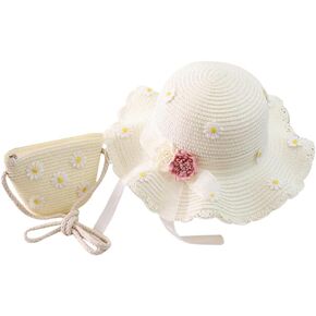 2Pcs Girls Summer Hat and Bag Straw Hat Beach Hat Bucket Milky Straw Wallet Purse Hat Woven Sun Party Bag Handbag Brim Beach Flower Summer Beach Cap