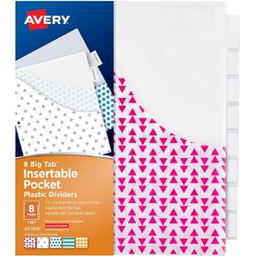 Avery Dividers for 3 Ring Binders, 8 Tab Binder Dividers, Plastic Binder Dividers with Pockets, Insertable Big Tabs, Vibrant Geometric Patterns, Works with Sheet Protectors, 1 Set (07709)